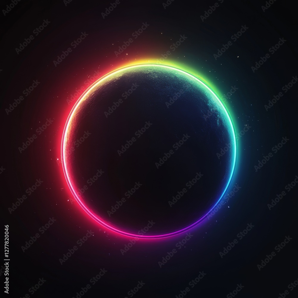 Fototapeta premium Vibrant rainbow halo encircling a dark planet in space