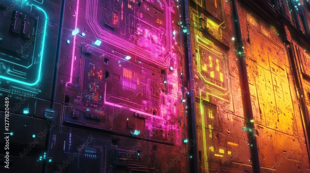 Futuristic digital wall with vibrant neon lights and intricate circuitry patterns Futuristic digital wall with vibrant neon lights and intricate circuitry patterns