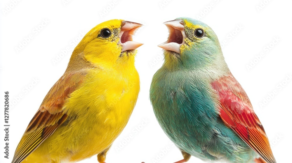 Two colorful birds facing, singing, white background, nature Two colorful birds facing, singing, white background, nature