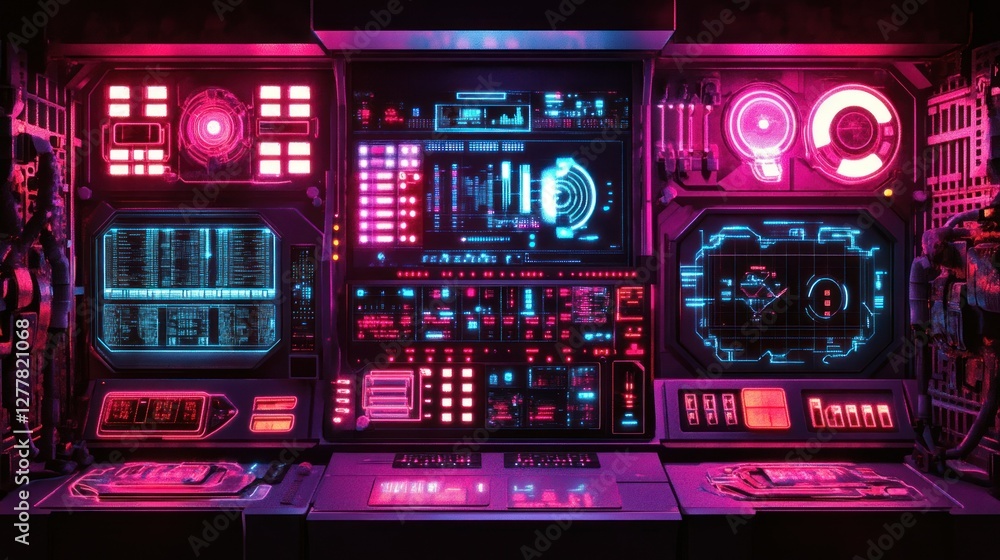 Futuristic control panel with vibrant neon lights displaying data and analytics in a sci-fi setting