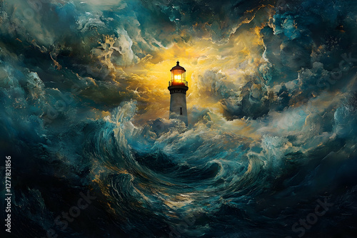 A lighthouse stands amidst stormy seas, its light casting reflections over the water as dark clouds swirl above. The atmosphere is full of mystery and hope, painted with vibrant colors and detail.