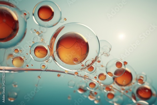A series of orange spheres are floating in the air, creating a sense of movement