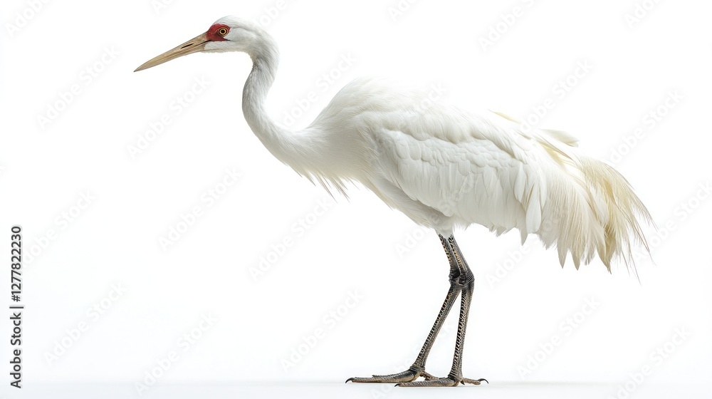 Obraz premium White crane standing, profile view, white background, wildlife photography, nature