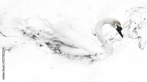 Fototapeta Naklejka Na Ścianę i Meble -  Graceful swan swimming, water splash, white background, nature scene, elegant art