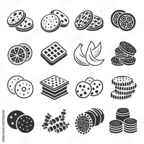 Icons set. Cookies Includes biscuits waffle baked chip cracker Editable stroke vector illustration Isolated on vector. 