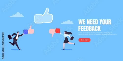 Customer feedback, employee or client satisfaction rating review with good or bad symbols - thumb up and down business concept vector illustration. Positive and negative feedback and evaluation