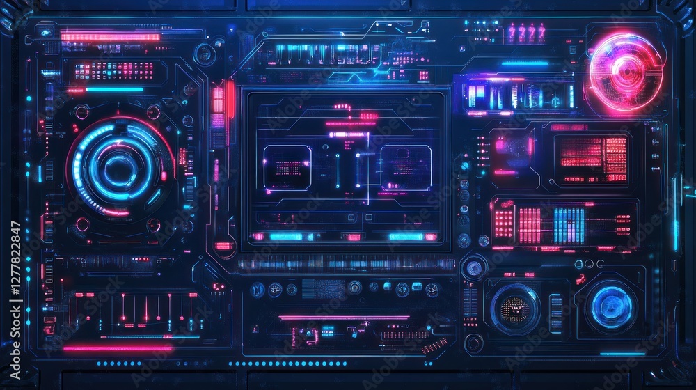 Futuristic digital interface with glowing elements, displaying data and analytics in a tech environment Futuristic digital interface with glowing elements, displaying data and analytics in a tech environment