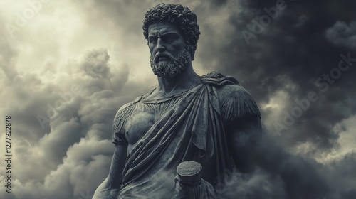 Ancient stone statue of hercules amidst dramatic clouds
