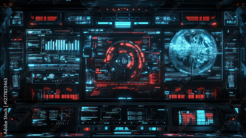 Obraz premium Futuristic control panel displaying data analytics and a holographic globe in a high-tech environment