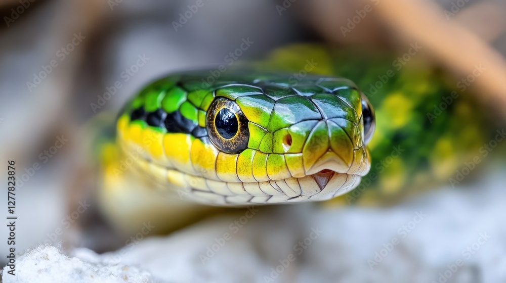 Green snake portrait, close-up, ground, nature, wildlife photography Green snake portrait, close-up, ground, nature, wildlife photography