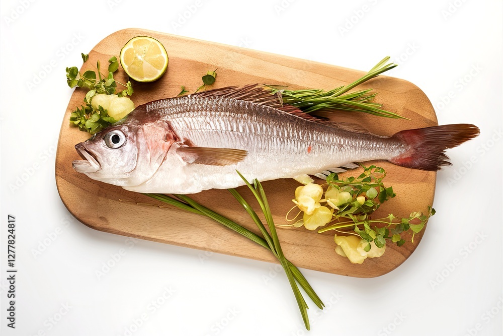 Raw dorado on wooden board and white background Raw dorado on wooden board and white background