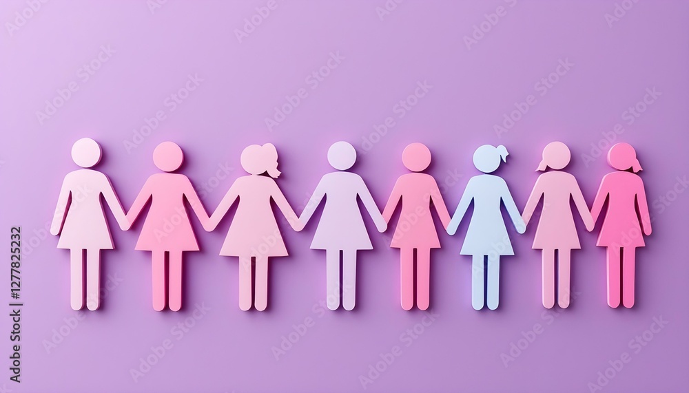 Colorful paper figures in a line on a purple background, celebrating unity and diversity for International Women's Day Colorful paper figures in a line on a purple background, celebrating unity and diversity for International Women's Day