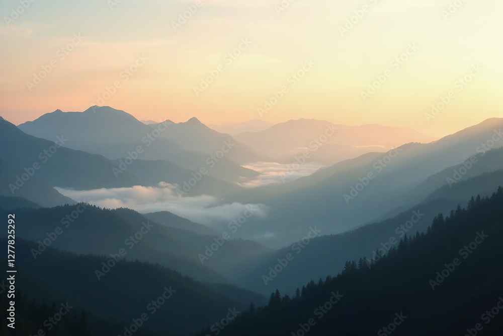 Majestic Mountain Range with Misty Valley at Ethereal Sunrise Majestic Mountain Range with Misty Valley at Ethereal Sunrise