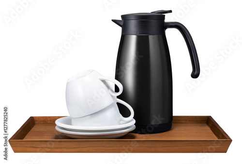 木のお盆の上にあるコーヒーポットと、カップアンドソーサー