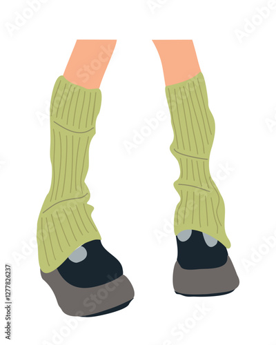 Female legs wearing fashionable boots with knitted gaiters, leg warmers, high socks. Hand drawn vector colorful flat illustration isolated