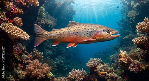Swimming Brown Trout Fish in Deep Blue Coral Reef Water