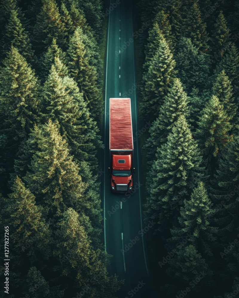 Obraz premium Aerial View of Red Semi Truck Driving on Asphalt Road Through Green Forest Trees in Scenic Landscape