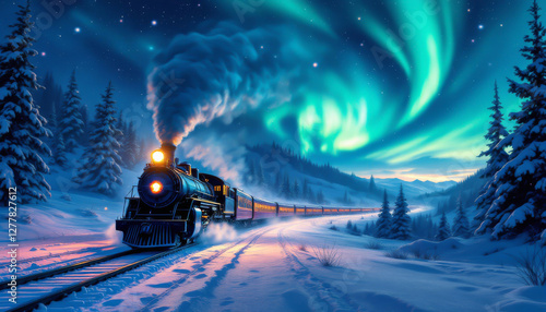 An old steam engine train travels through a snowy landscape