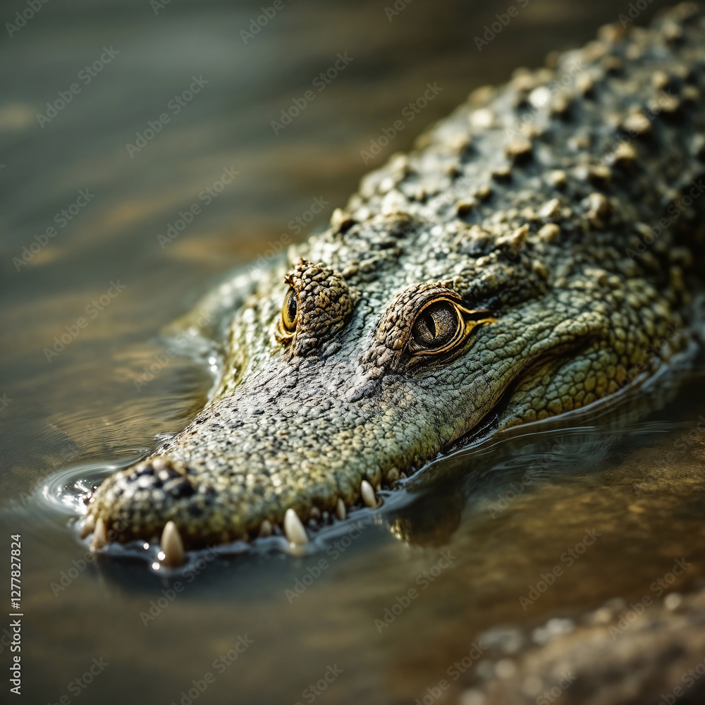 Fototapeta premium Menacing Crocodile with Piercing Eyes Against Dark Waters