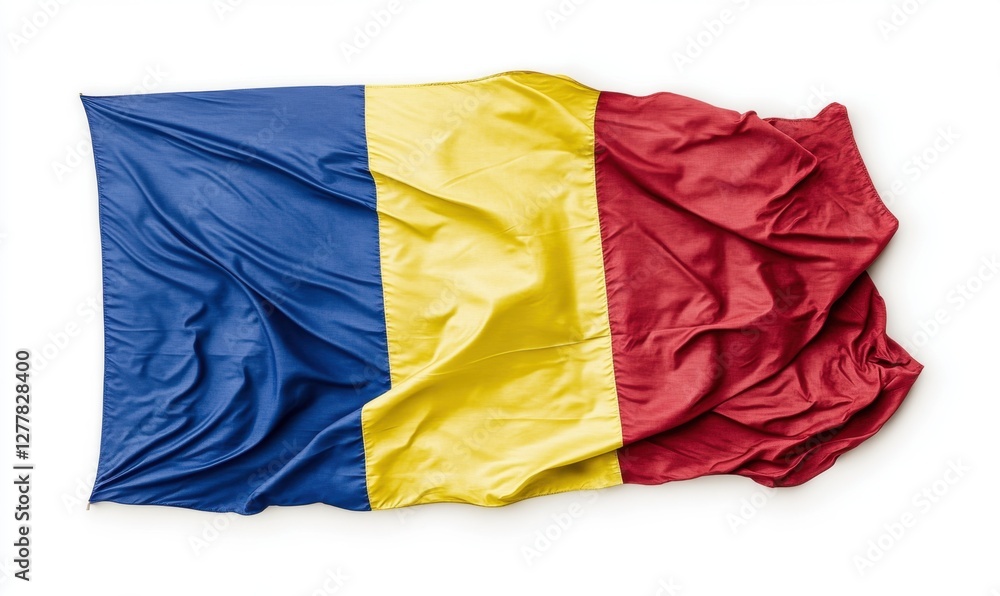 Waving Romanian Flag with Rich Colors Displayed Against a White Background Waving Romanian Flag with Rich Colors Displayed Against a White Background