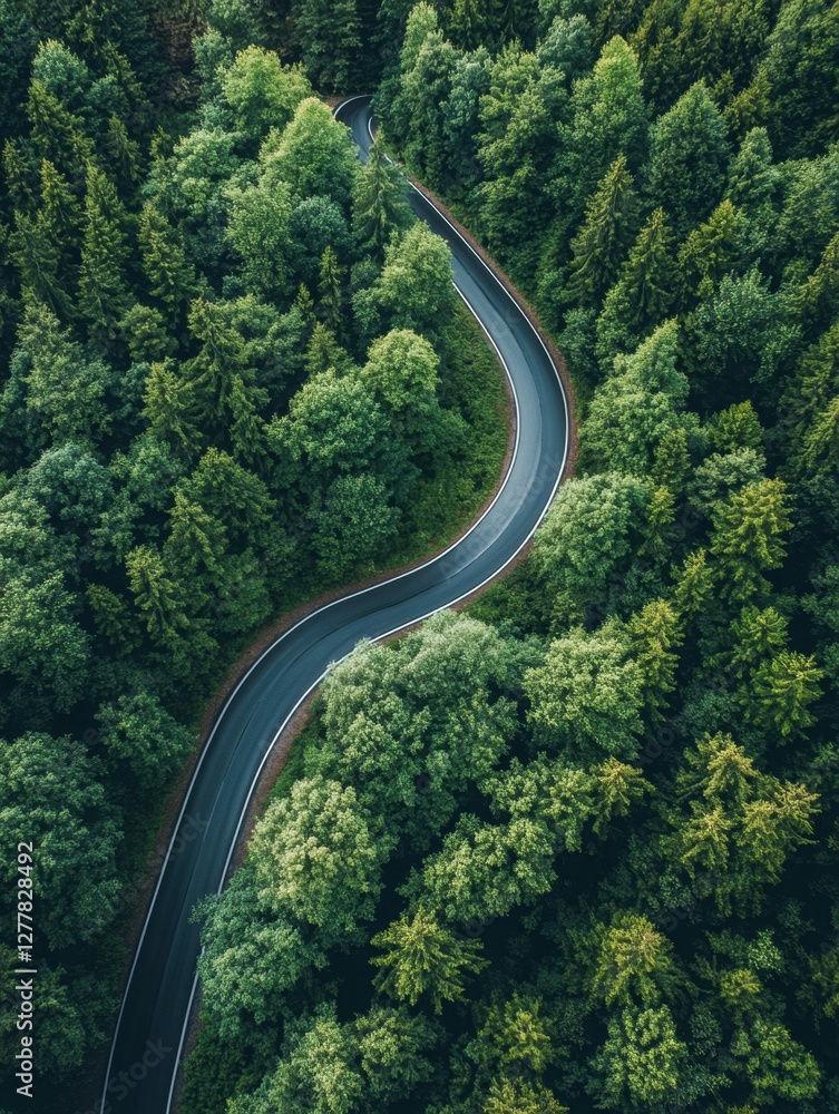 Aerial View of a Winding Road Through Lush Green Forest Capturing the Essence of Nature and Serenity with a Bird's Eye Perspective Aerial View of a Winding Road Through Lush Green Forest Capturing the Essence of Nature and Serenity with a Bird's Eye Perspective