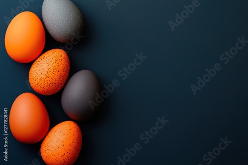 Minimal Easter egg design, orange and dark gray on blue, spacious layout.