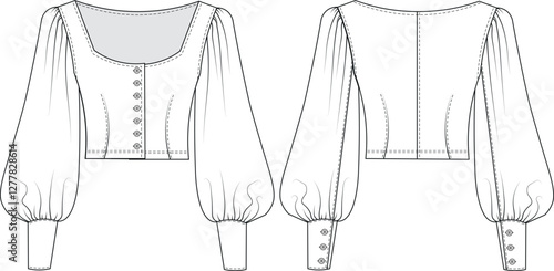 square neck balloon long sleeve buttoned cuff darted tailored cropped crop blouse top shirt template technical drawing flat sketch cad mockup fashion woman design style model 
