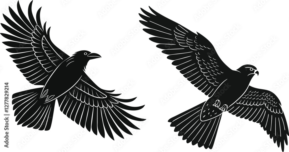 Obraz premium Hawk and Bird of Prey Icons Vector Silhouettes of Majestic Birds in Flight