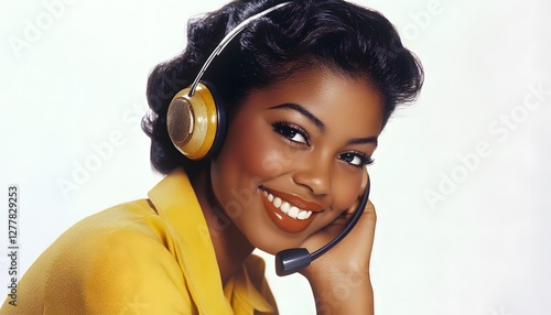 Beautiful dark skinned woman smiles while wearing a headset