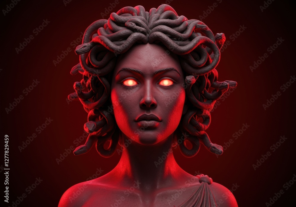Medusa bust with glowing eyes and snake hair in dramatic red lighting Medusa bust with glowing eyes and snake hair in dramatic red lighting