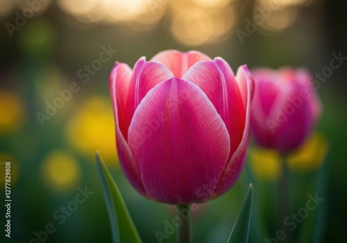 Vibrant pink tulip in bloom at sunset with blurred yellow flowers in the background