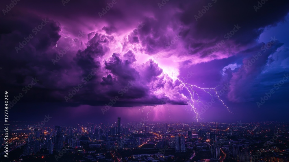 Fototapeta premium Lightning storm over city in purple light