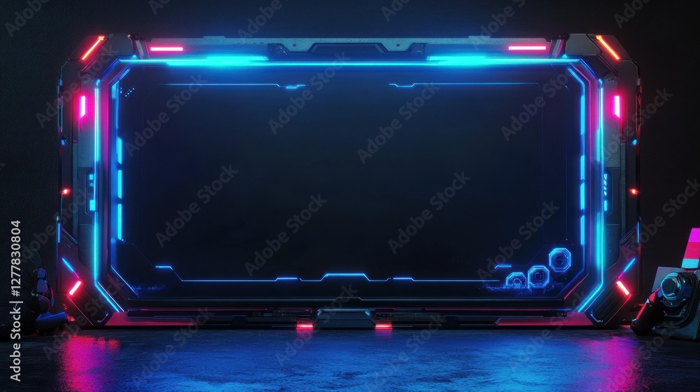 Futuristic neon frame design with glowing edges and dark background for digital content display Futuristic neon frame design with glowing edges and dark background for digital content display
