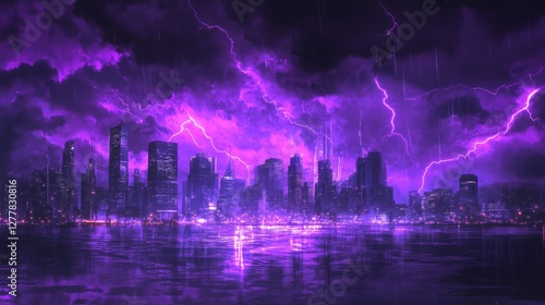 Wallpaper Mural Lightning storm over city in purple light Torontodigital.ca