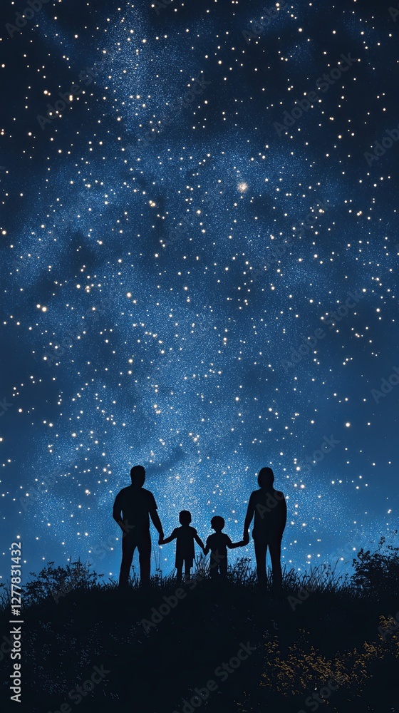 Fototapeta premium Cherishing Everyday with Kids, Family Silhouette Against Night Sky with Starry Background