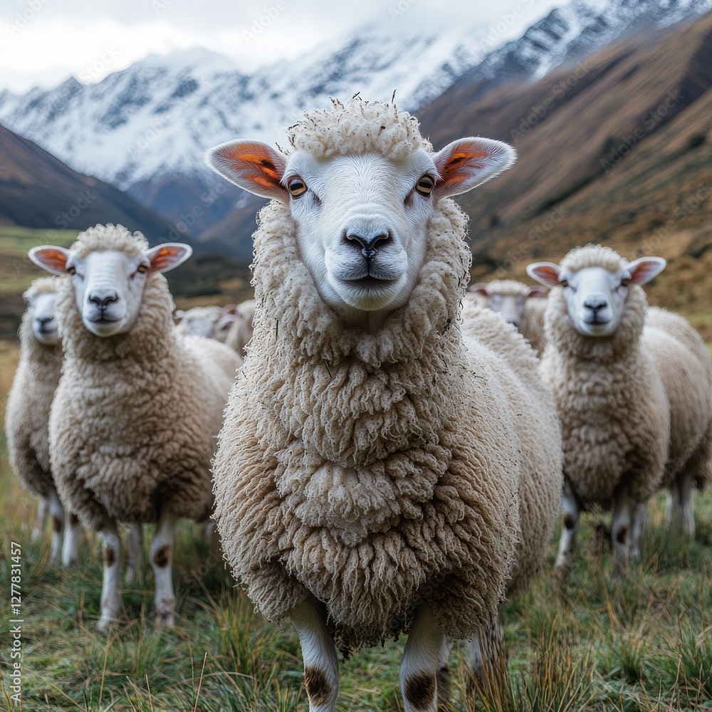 Fototapeta premium Flock of sheep in scenic mountain landscape with snow-capped peaks