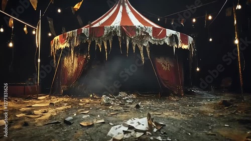 Abandoned circus tent with tattered fabric and scattered debris under dim lighting