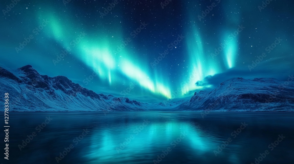Naklejka premium Northern Lights over lake. Aurora borealis with starry in the night sky. Fantastic Winter Epic Magical Landscape of snowy Mountains.