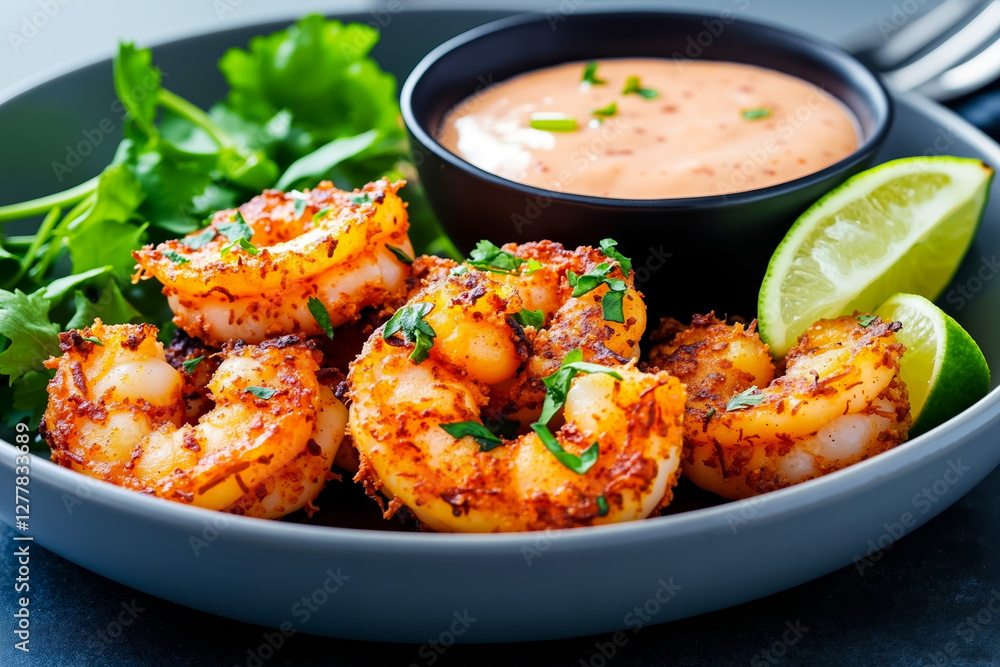 A plate of shrimp with a bowl of dipping sauce and a lime wedge A plate of shrimp with a bowl of dipping sauce and a lime wedge
