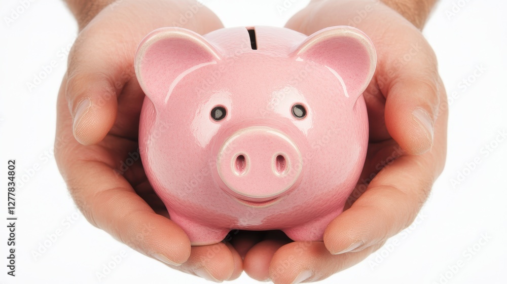 Hand holding pink piggy bank Over black Studio Background. Hand holding pink piggy bank Over black Studio Background.