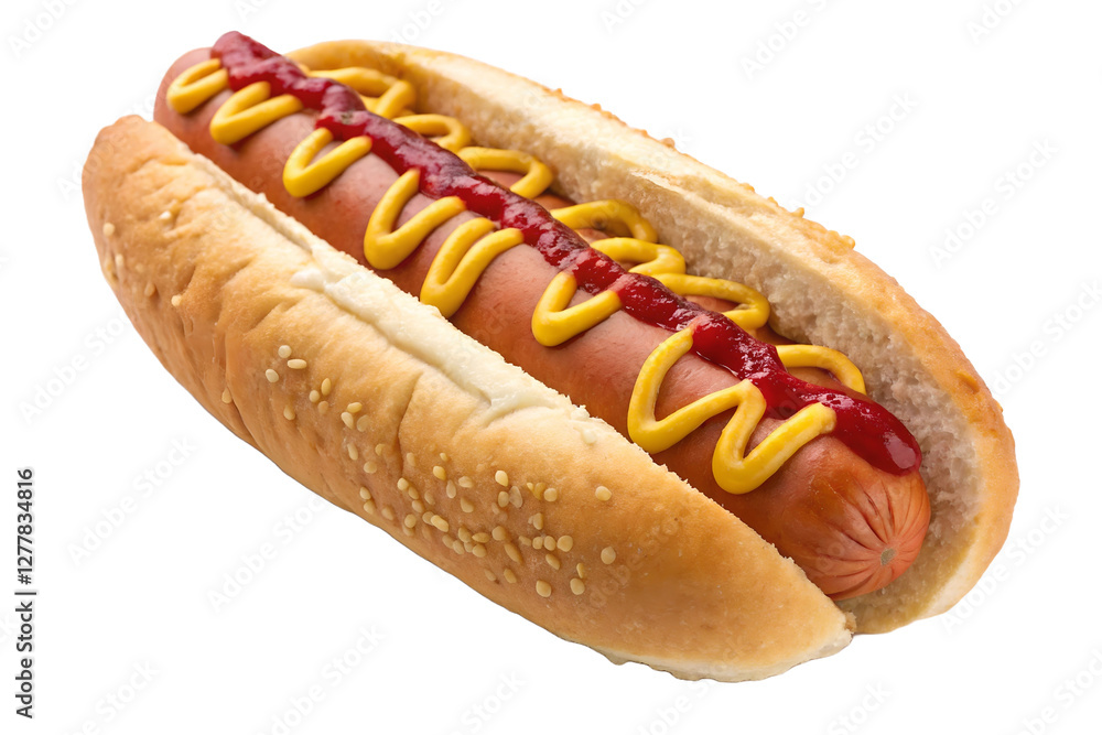 top view Appetizing hot dog featuring classic grill marks, topped with mustard and ketchup in a fluffy bun. top view Appetizing hot dog featuring classic grill marks, topped with mustard and ketchup in a fluffy bun.