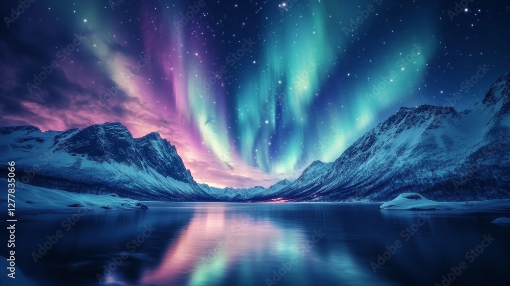 Naklejka premium Northern Lights over lake. Aurora borealis with starry in the night sky. Fantastic Winter Epic Magical Landscape of snowy Mountains.