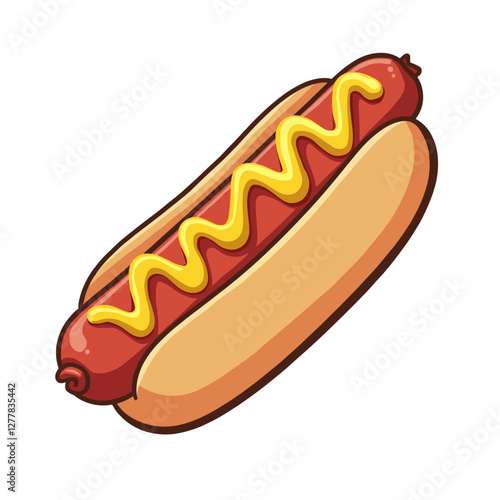 Cartoon style illustration of a hotdog with mustard on a bun isolated on vector style for commercial use