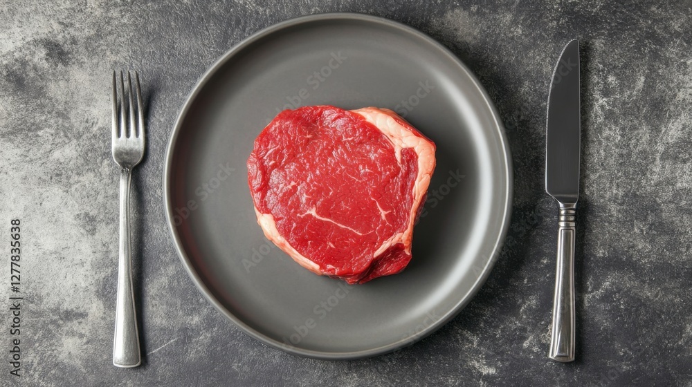 Fresh Raw Steak on a Gray Plate Surrounded by Cutlery Ready for a Delicious Meal Fresh Raw Steak on a Gray Plate Surrounded by Cutlery Ready for a Delicious Meal