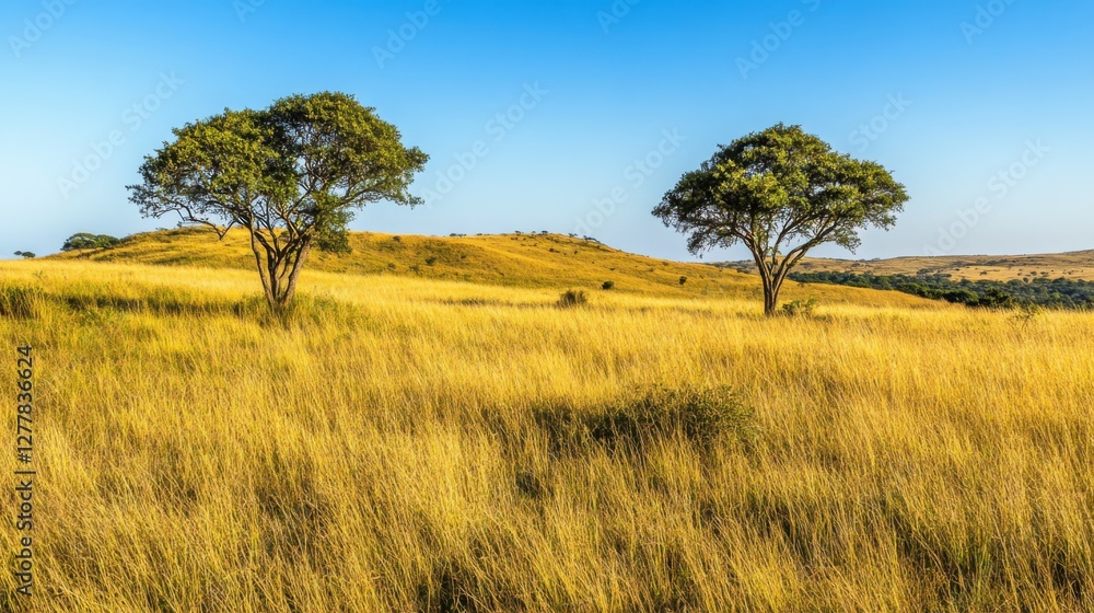 Serene Golden Grasslands with Isolated Trees under Clear Blue Sky at Sunset Serene Golden Grasslands with Isolated Trees under Clear Blue Sky at Sunset