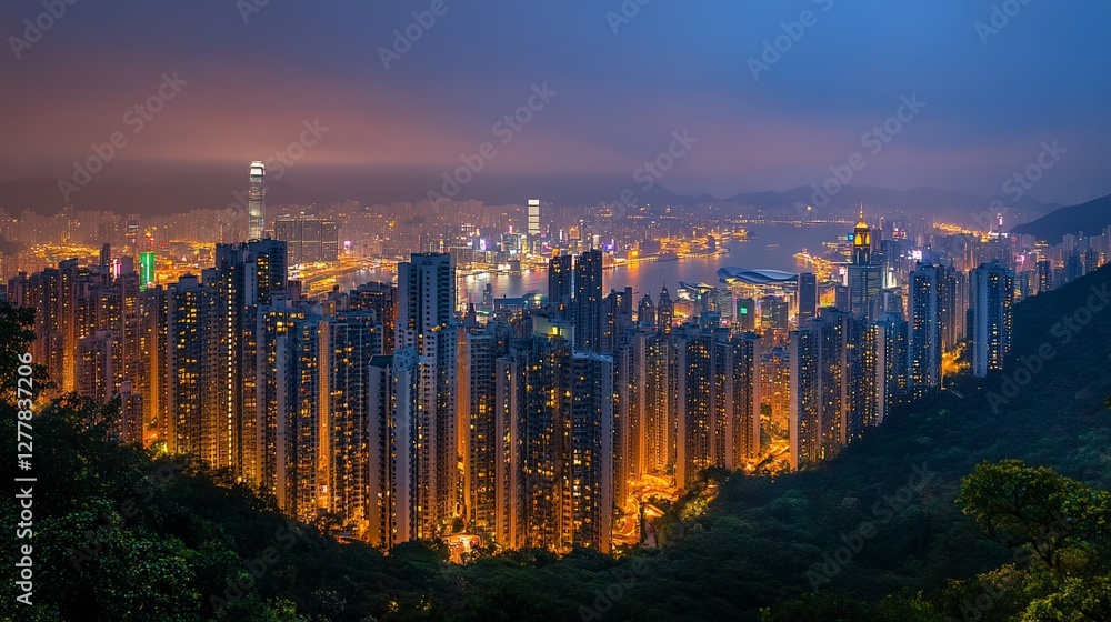 Obraz premium Panoramic twilight cityscape view from mountaintop.