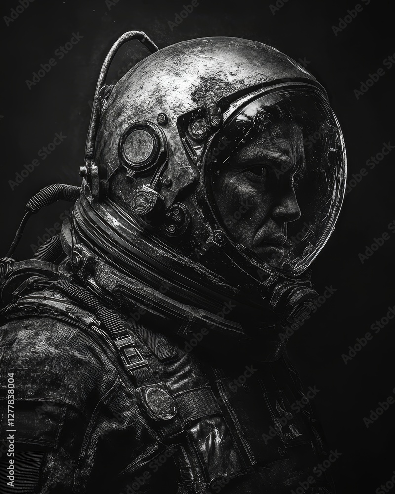 Naklejka premium Dark gritty astronaut in helmet and suit with intense expression and reflections in visor