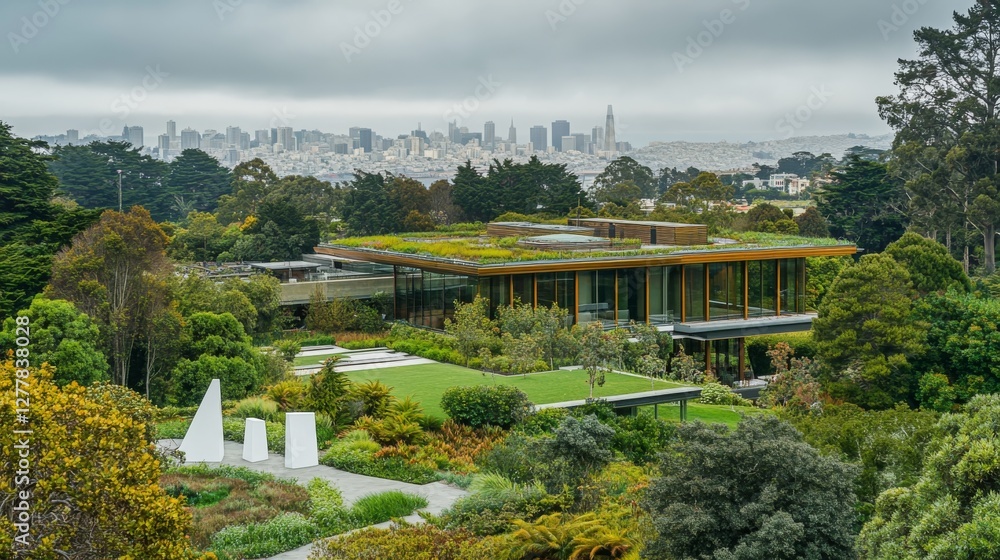 Wide shot of Golden Gate Park in San Francisco. A large modern building with a green roof is surrounded by lush gardens and tropical trees. In the foreground, a white sculpture garden is visible. The Wide shot of Golden Gate Park in San Francisco. A large modern building with a green roof is surrounded by lush gardens and tropical trees. In the foreground, a white sculpture garden is visible. The