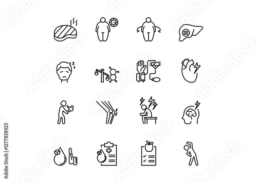 Set of icons for obesity. Editable stroke. Vector illustration