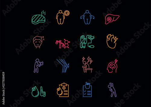 Set of icons for obesity. Editable stroke. Vector illustration